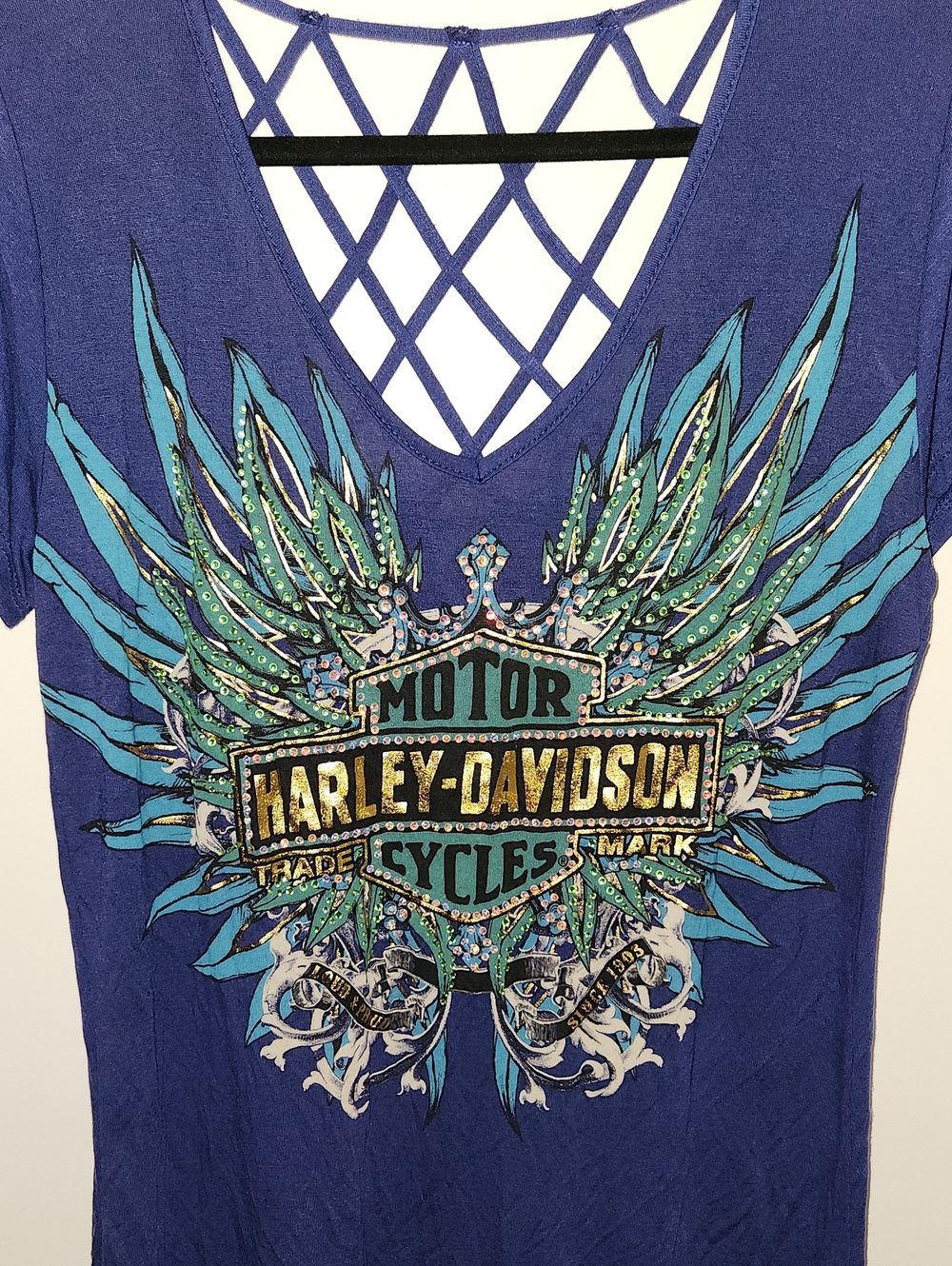 Harley-Davidson Rhinestone Live To Ride Free Bar & Shield Tee Size XL Blue - Picture 4 of 6